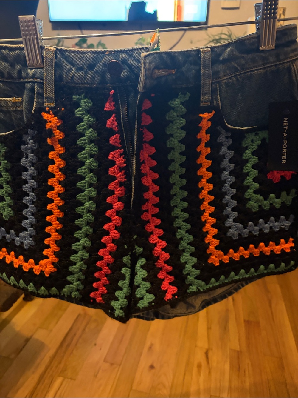 NWT FARM Rio Women's Black Crochet Trim Denim Shorts - Multicolor Stitching